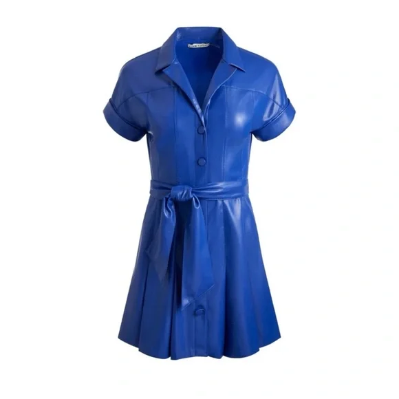Alice + Olivia Shirley Faux-Leather Mini Shirtdress in Royal Size 2 - Picture 2 of 16